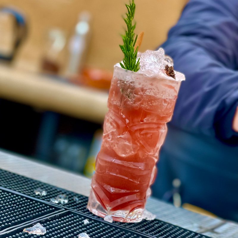 A close-up of a cocktail in a tall, intricately designed glass, filled with a pinkish-red drink, ice cubes, and garnished with a sprig of rosemary and a cinnamon stick. This visually appealing cocktail captures the essence of Mexico Wine Tours and VIP Winery Vacations, and is set against a blurred bar setting with various bottles in the background.