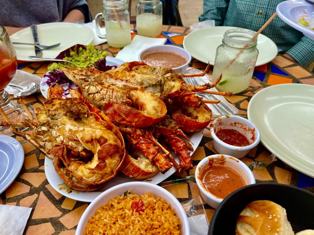 A beautifully set table with various delicious dishes, including grilled lobsters, sauces, rice, and a glass of cocktail, showcases the vibrant communal dining experience during Mexico wine tours.