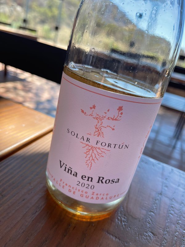 A bottle of "SOLAR FORTÚN Viña en Rosa 2020" wine with a light pink label featuring red text and a decorative vine design. The bottle is placed on a wooden table, with an outdoor setting in the background.
