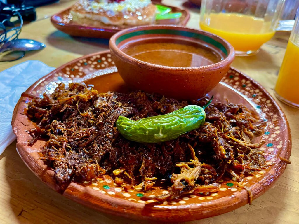 A beautifully presented plate of traditional Mexican barbacoa, garnished with a green chili pepper and accompanied by a small bowl of flavorful broth, capturing the essence of culinary delights on Mexico wine tours.
