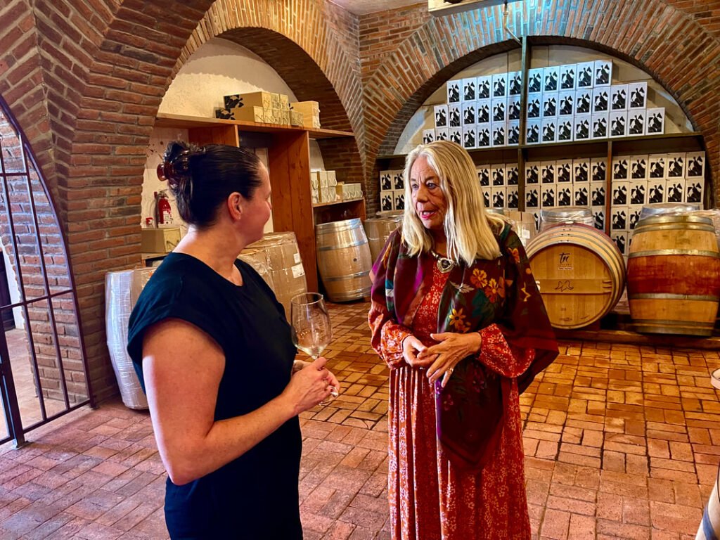 Two individuals standing in a wine cellar with brick walls and arched doorways. Shelves and barrels of wine in the background. One holds a wine glass, both engaged in conversation. Mexico wine tours.