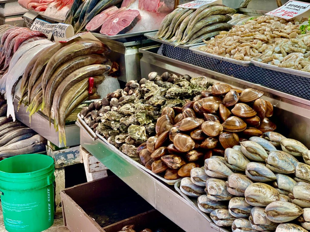 A seafood market display with various types of seafood arranged on ice, including long, slender fish with yellow tails, large fish steaks, shrimp, oysters, clams, and other shellfish. Spanish signs with prices and descriptions are visible, and a green bucket is in the foreground.