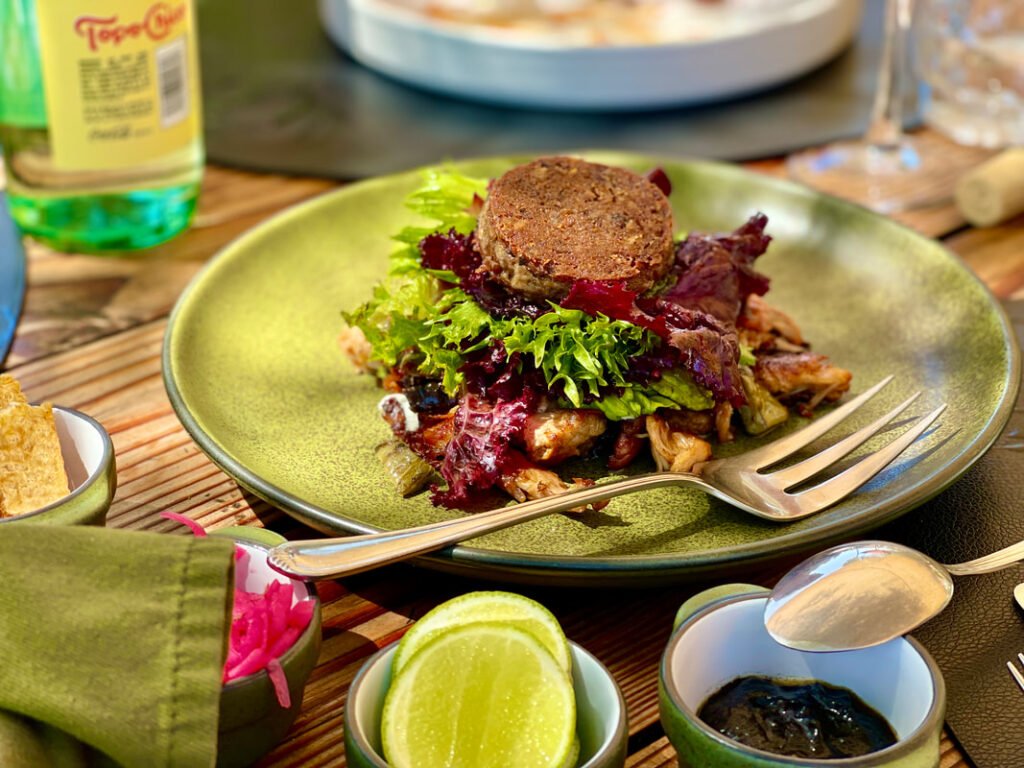 A gourmet dish beautifully plated with vibrant greens and a savory patty atop, accompanied by delightful side condiments and a bottle of Topo Chico, representing the exquisite culinary experiences of Mexico wine tours.