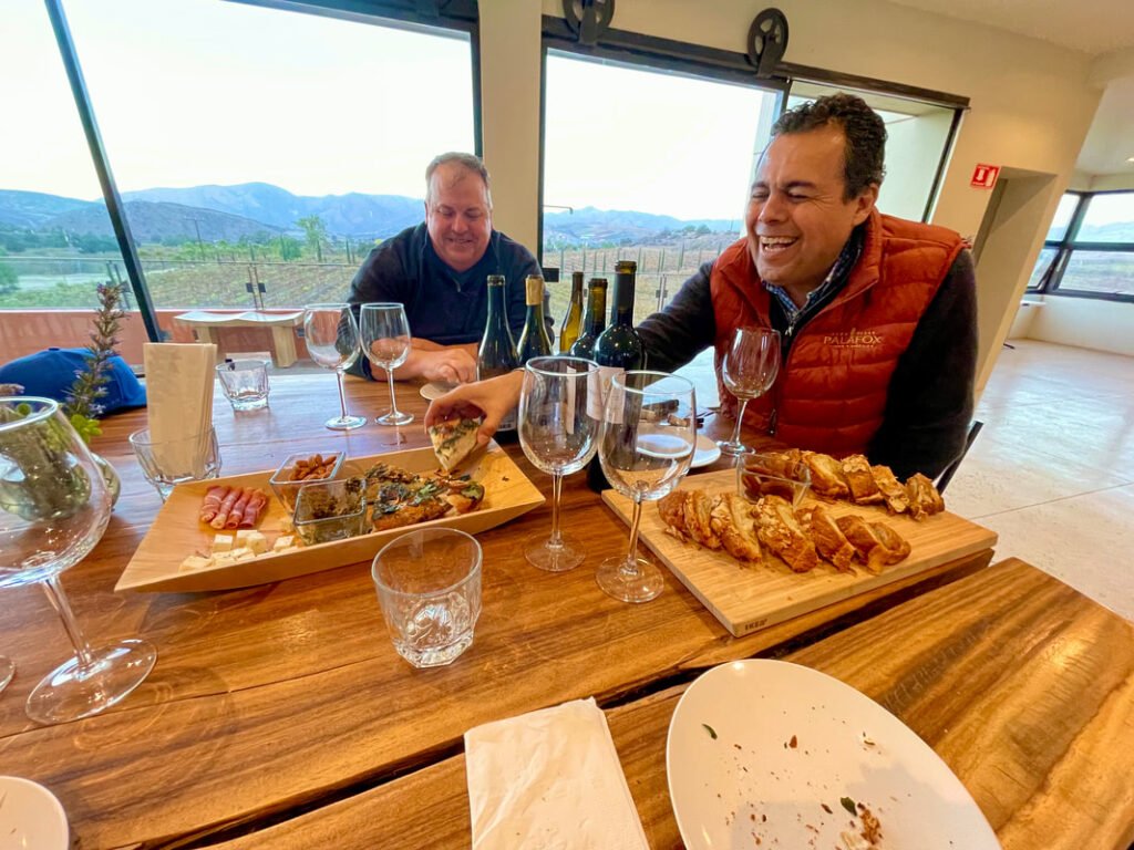 Table with food and wine glasses, two people seated, vineyard view through windows.