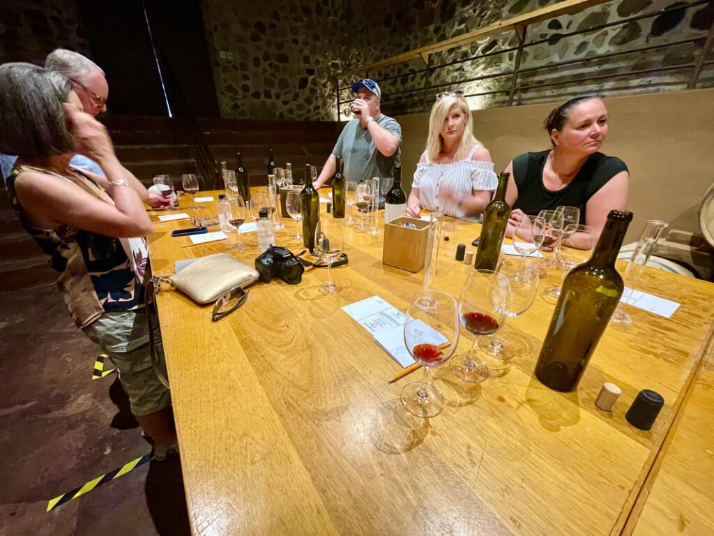Group of people at a large wooden table, wine bottles, and wine glasses in a rustic winery setting.